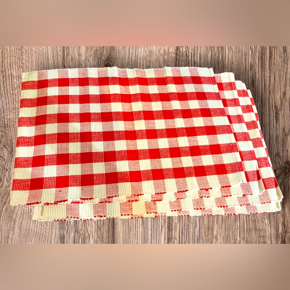 NEW- Gingham Red and White Woven Checkered Cotton Placemats- Set of 6